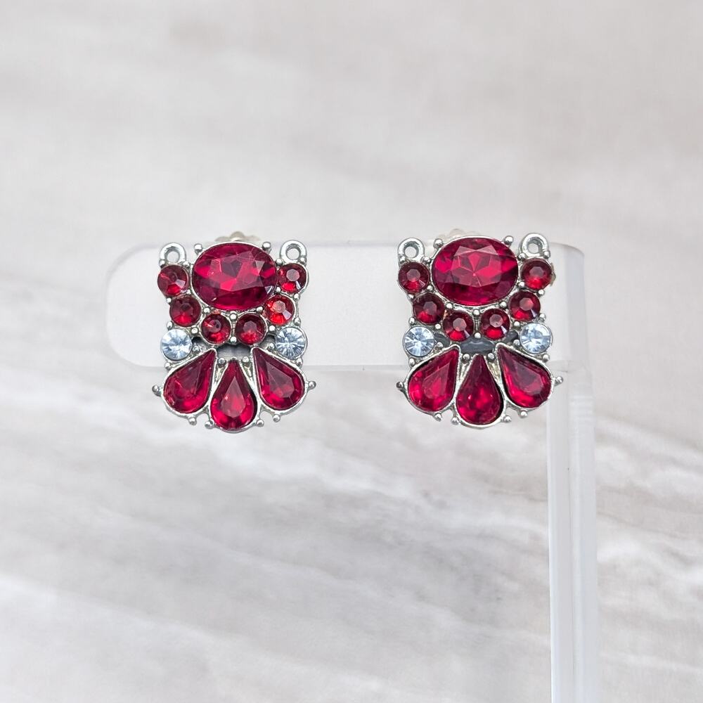 Vintage Clip On Earrings Red & Clear Gems Large Chunky 7/8"